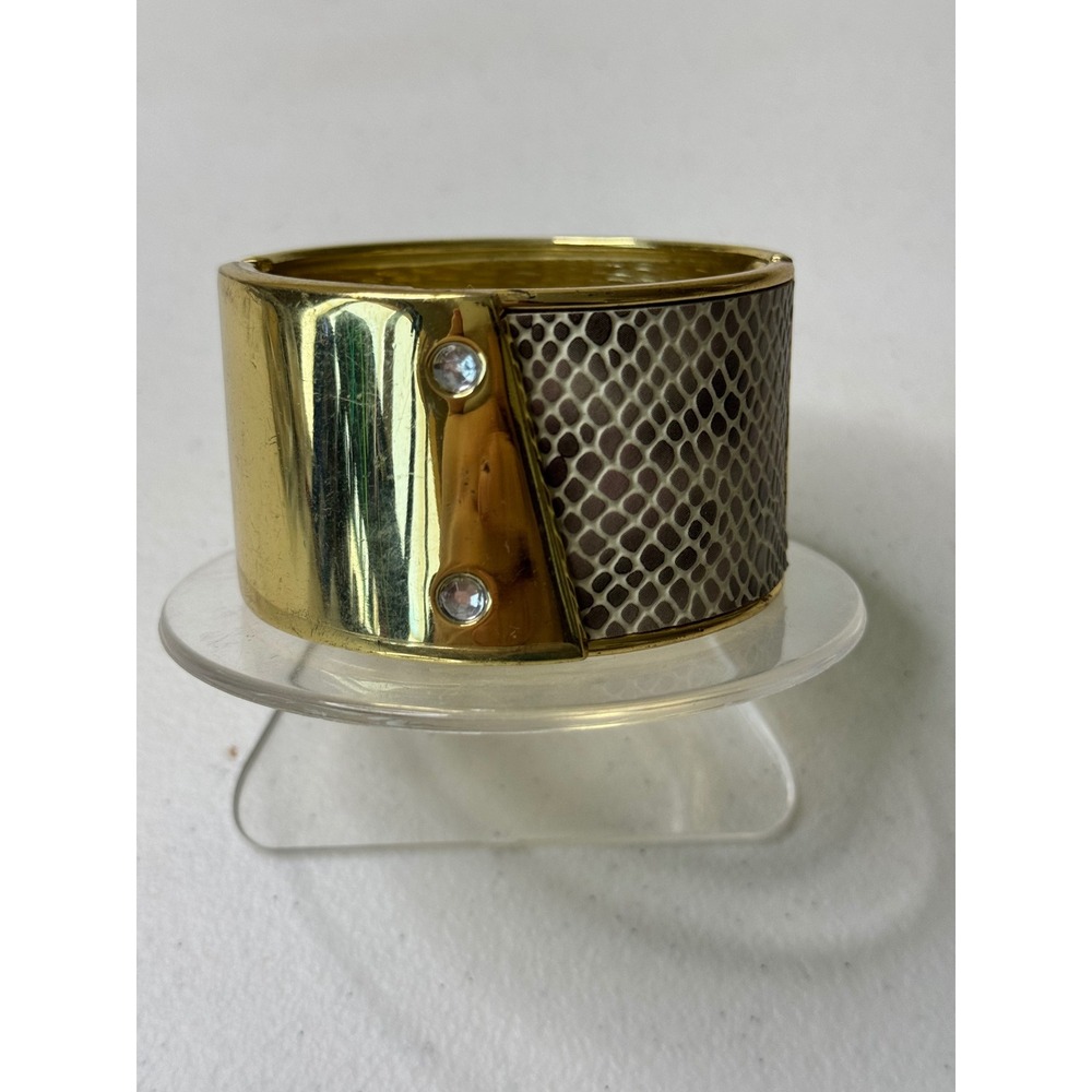 Gold Tone Wide Cuff Bracelet Snake Print Crystal Accents Statement Bangle Y2K‎